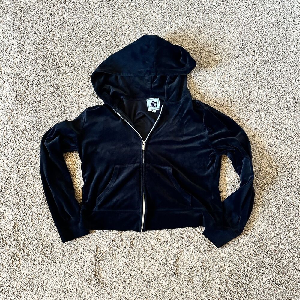 Juicy Couture Y2K Black Womens Velour Zip Up Hoodie